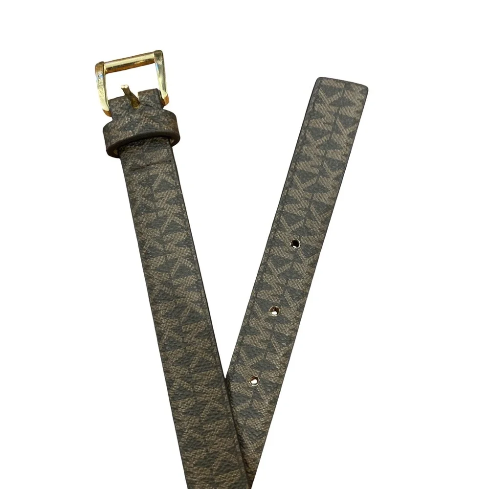 Michael Kors Women's Signature MK Logo Belt Gold Buckle Size S Brown